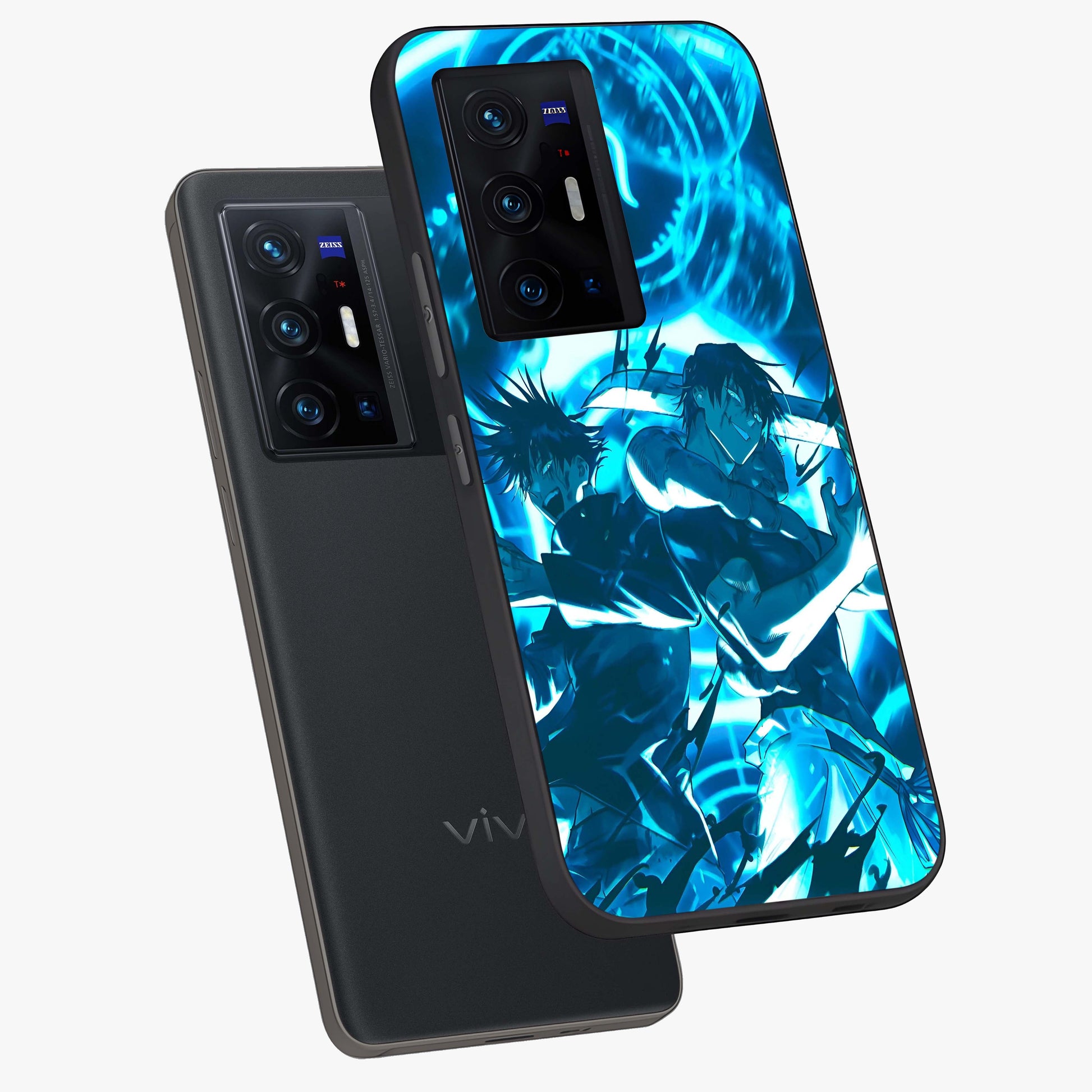 Cursed Energy Clash Glass Case displayed in angled mockup highlighting powerful battle inspired graphic with anime style aesthetic.