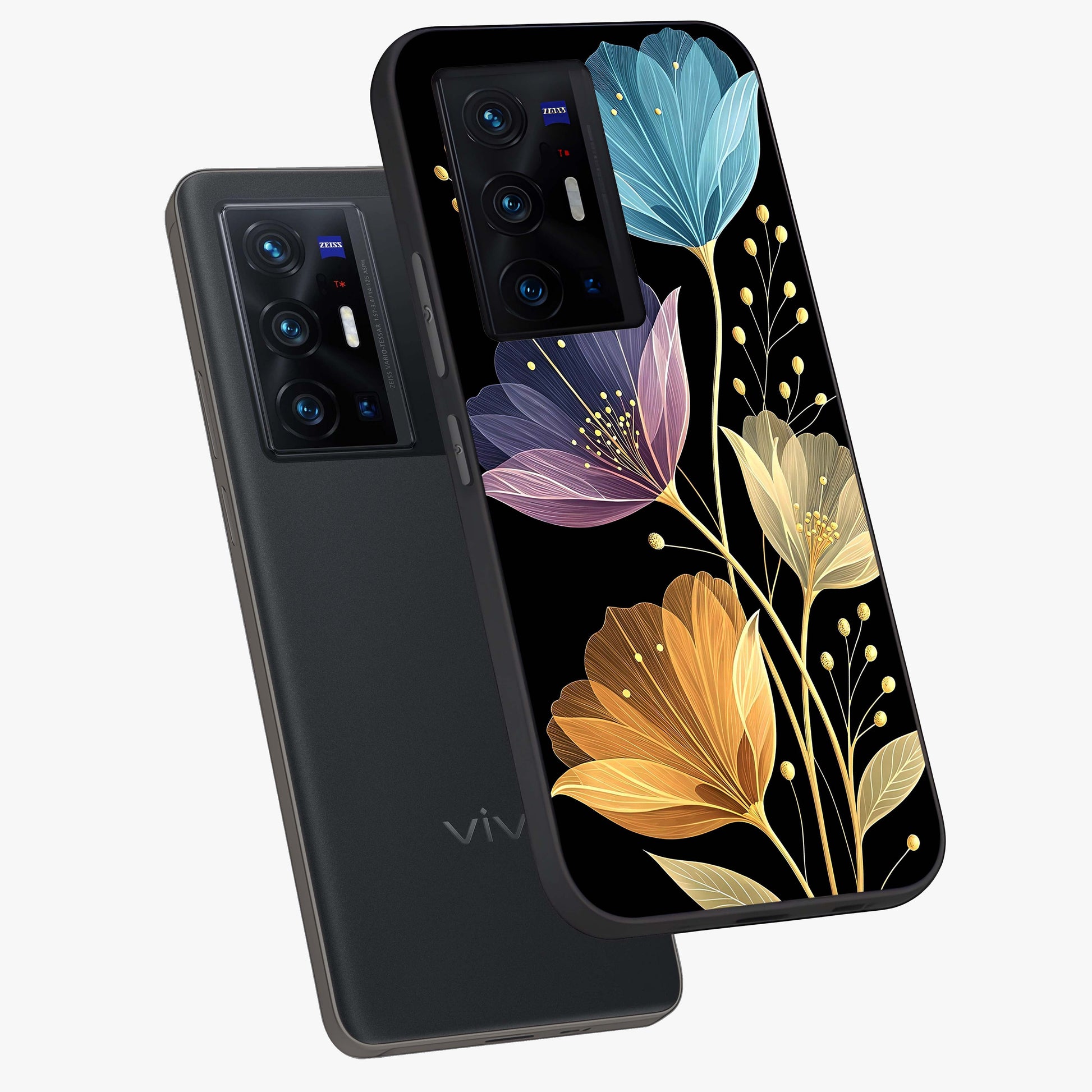 Delicate Multicolor Flowers Glass Case displayed in angled mockup highlighting colorful flower pattern with soft aesthetic style.