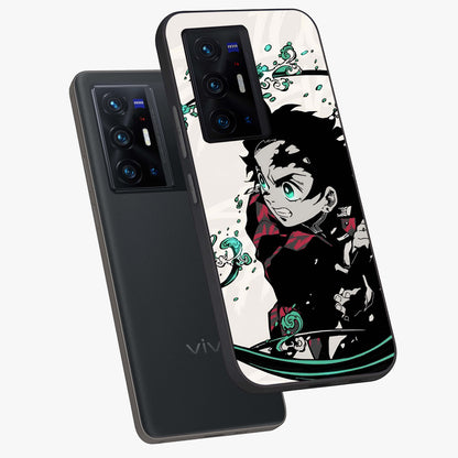 Demon Slayer Glass Case displayed in angled mockup highlighting dramatic anime character design with action aesthetic.