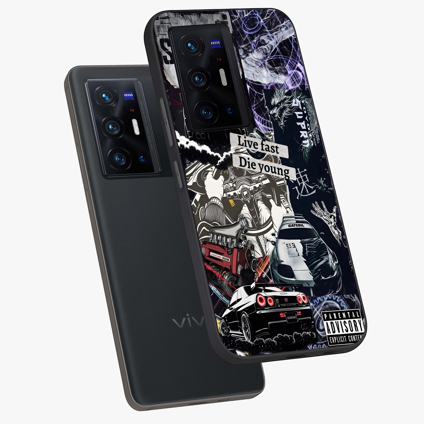 Die Young Glass Case displayed in angled mockup highlighting expressive graphic artwork with edgy aesthetic style.