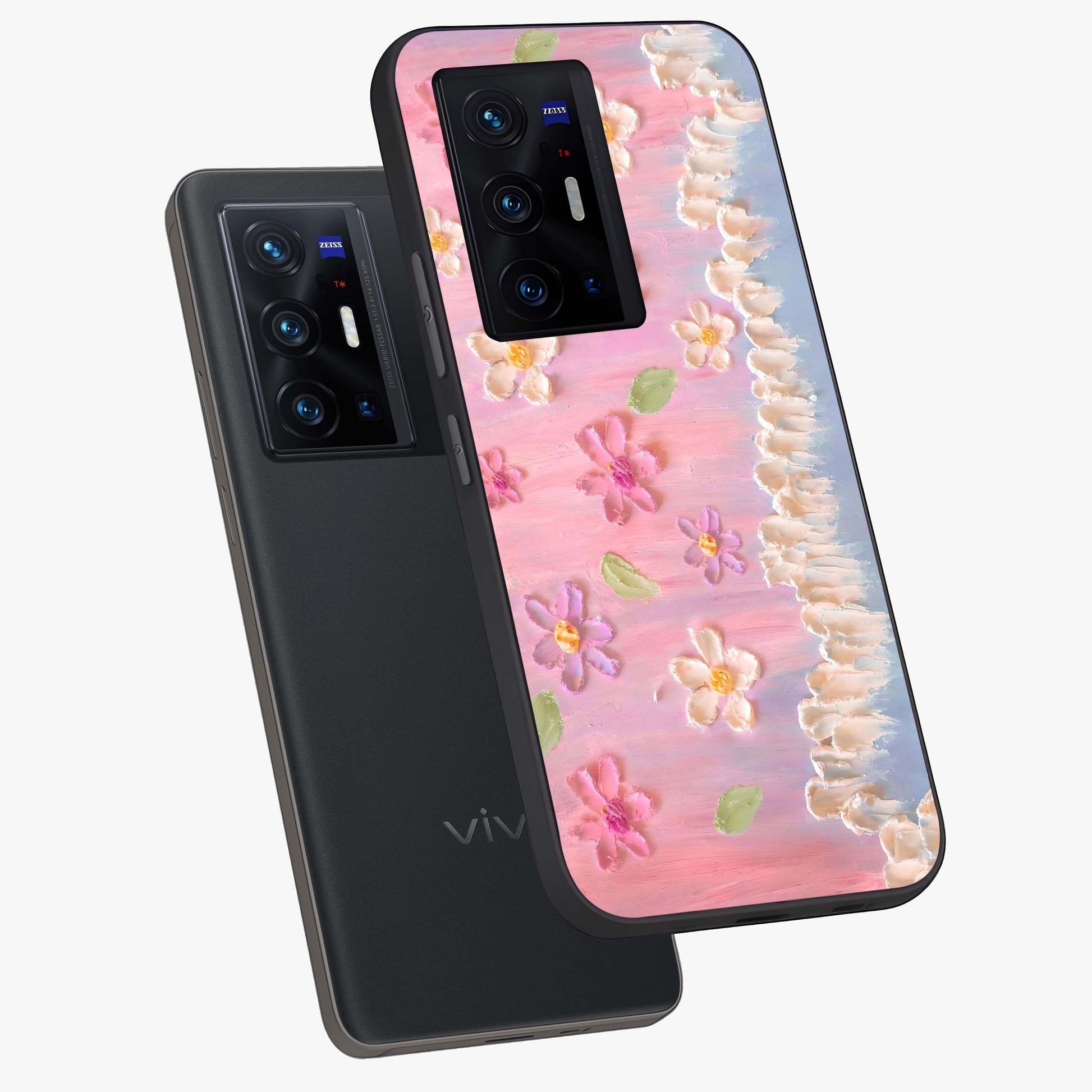 Dreamy Painted Garden Glass Case displayed in angled mockup highlighting colorful garden illustration with dreamy aesthetic style.