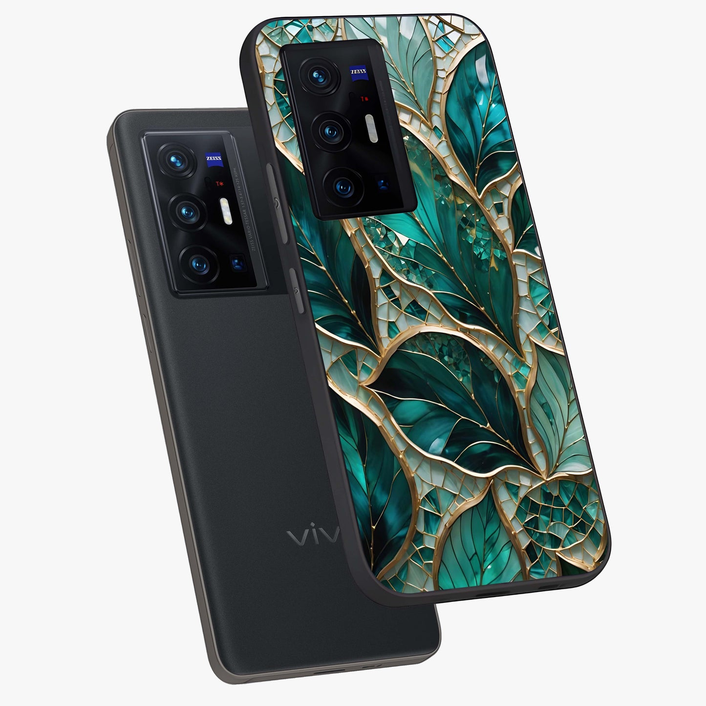 Emerald Leaf Glass Glass Case displayed in angled mockup highlighting botanical leaf illustration with elegant natural aesthetic.