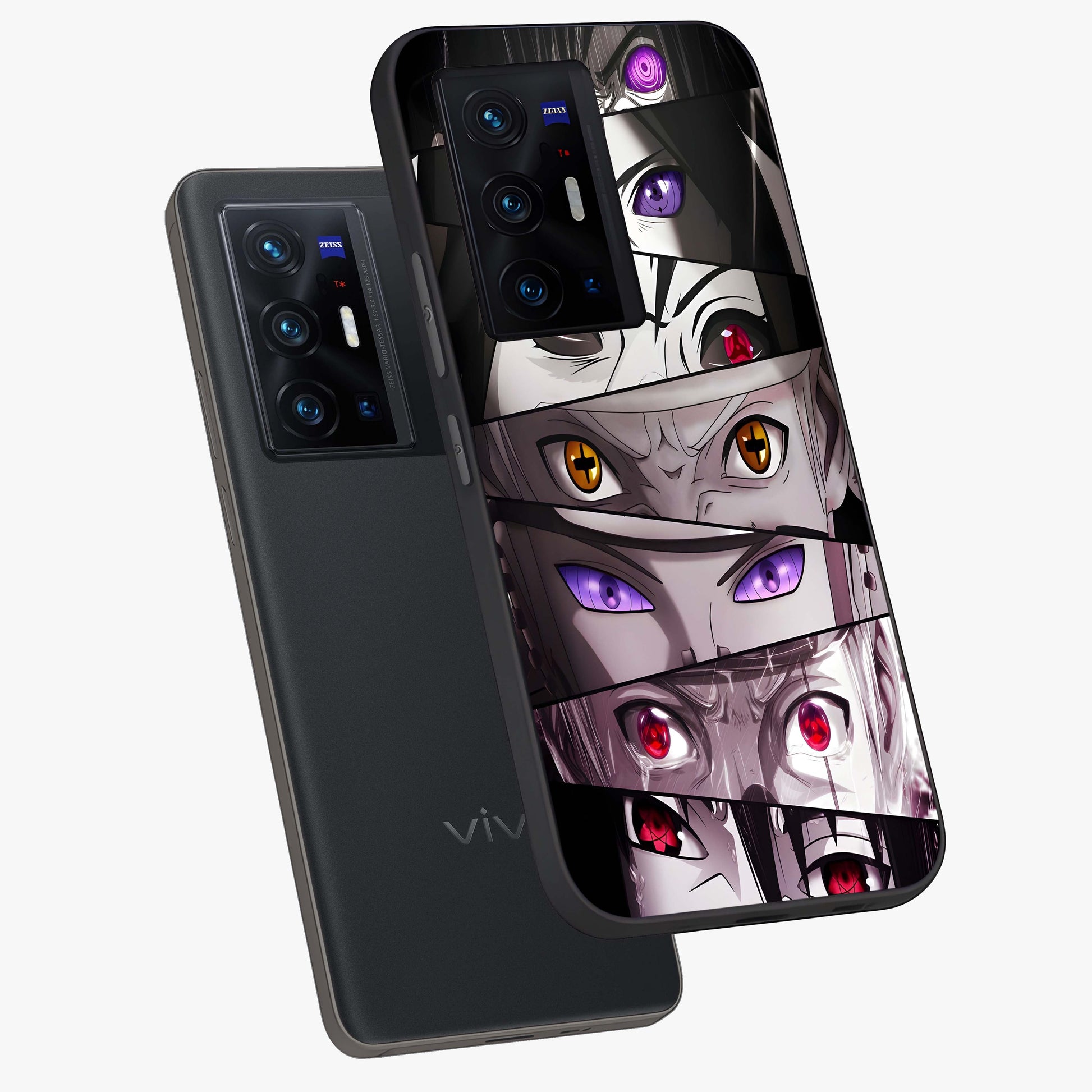 Eyes of Destiny Glass Case displayed in angled mockup highlighting bold eye illustration with mystical aesthetic style.