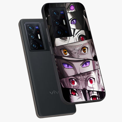 Eyes of Destiny Glass Case displayed in angled mockup highlighting bold eye illustration with mystical aesthetic style.