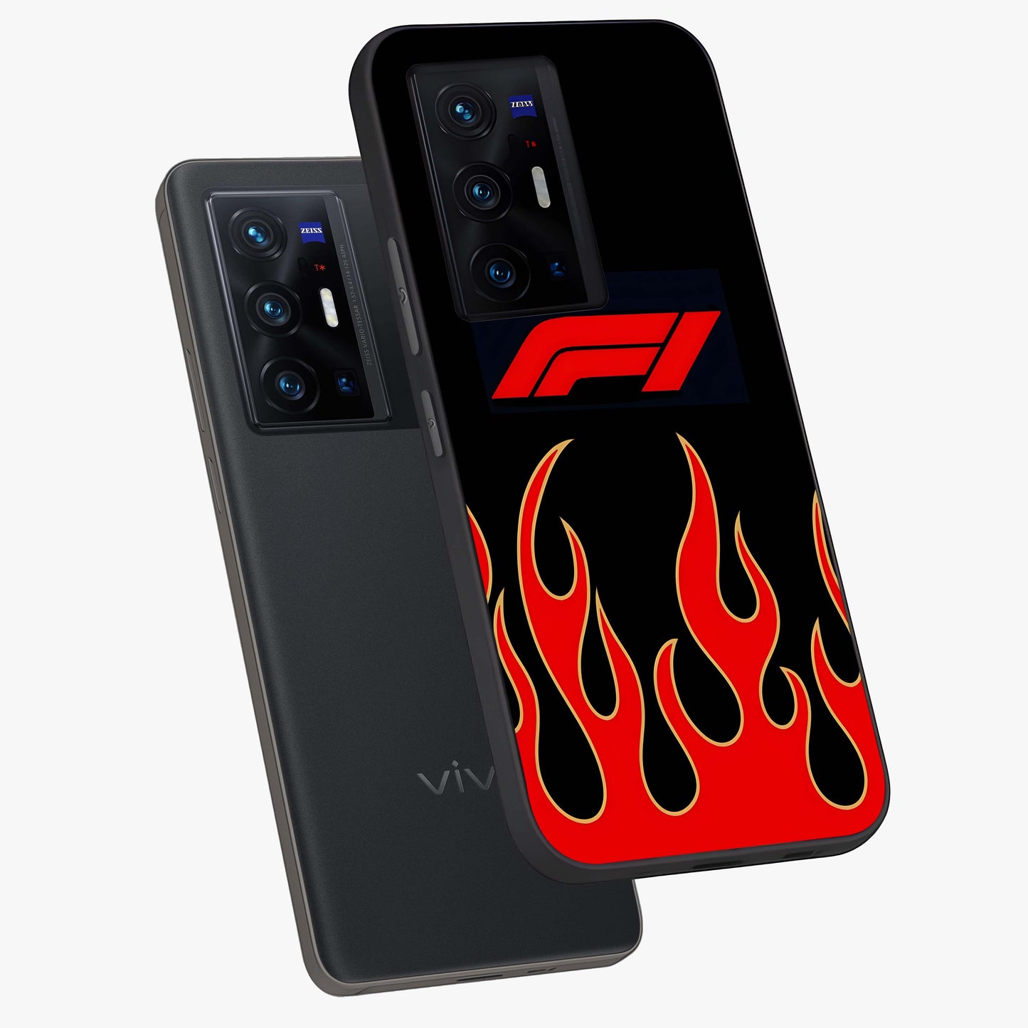 Fire F11 Glass Case displayed in angled mockup highlighting bold fire inspired graphic with energetic aesthetic style.