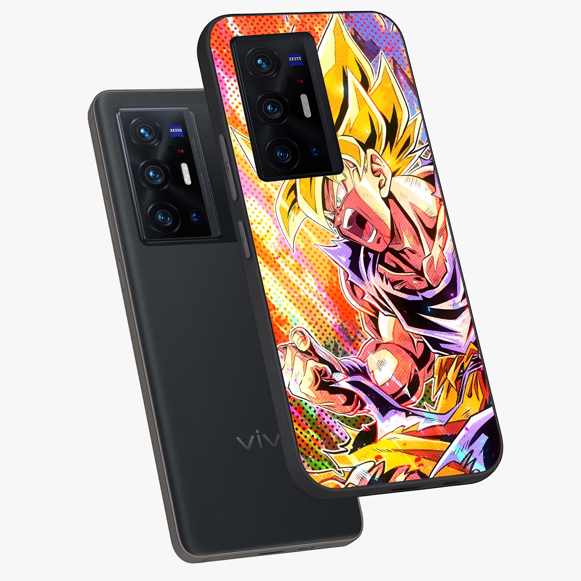 Firing Goku Glass Case displayed in angled mockup highlighting dynamic anime character design with action aesthetic.