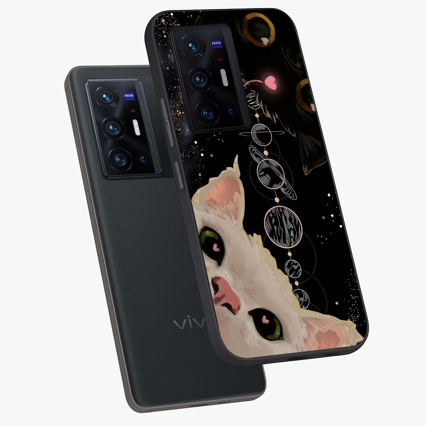 Galactic Cat Glass Case displayed in angled mockup highlighting celestial feline illustration with galaxy aesthetic style.