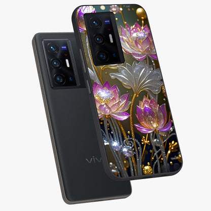 Golden Floral Majesty Glass Case displayed in angled mockup highlighting elegant flower design with royal golden aesthetic.