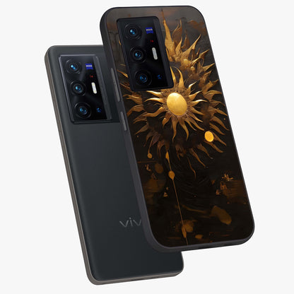 Golden Sun Majesty Glass Case displayed in angled mockup highlighting eerie shadow illustration with gothic aesthetic.
