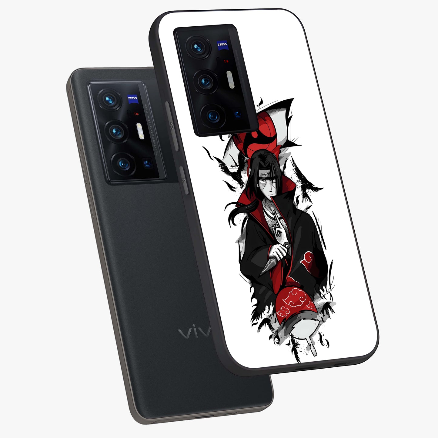 Itachi Limited Edition Naruto Anime Glass Case displayed in angled mockup highlighting dramatic anime illustration with bold action aesthetic.