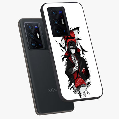 Itachi Limited Edition Naruto Anime Glass Case displayed in angled mockup highlighting dramatic anime illustration with bold action aesthetic.