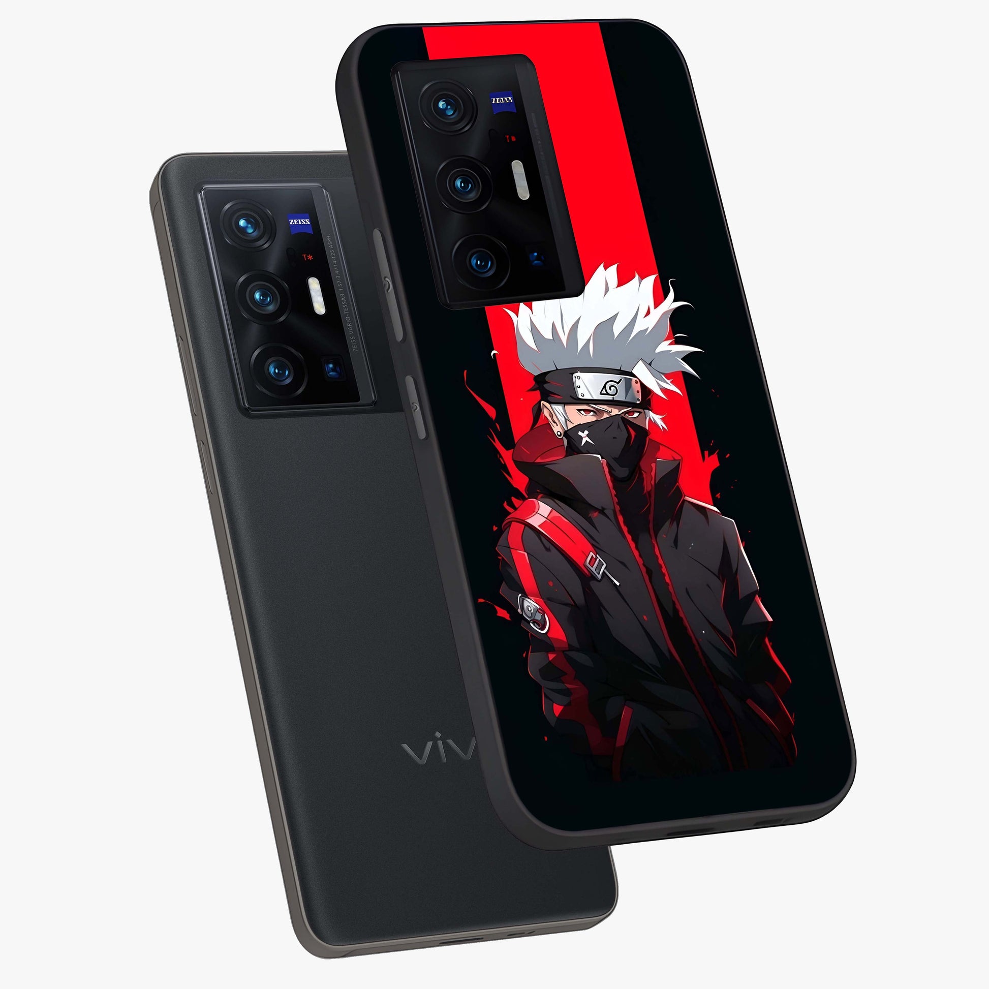 Kakashi Scarlet Shadow Glass Case displayed in angled mockup highlighting dramatic ninja illustration with scarlet themed aesthetic.