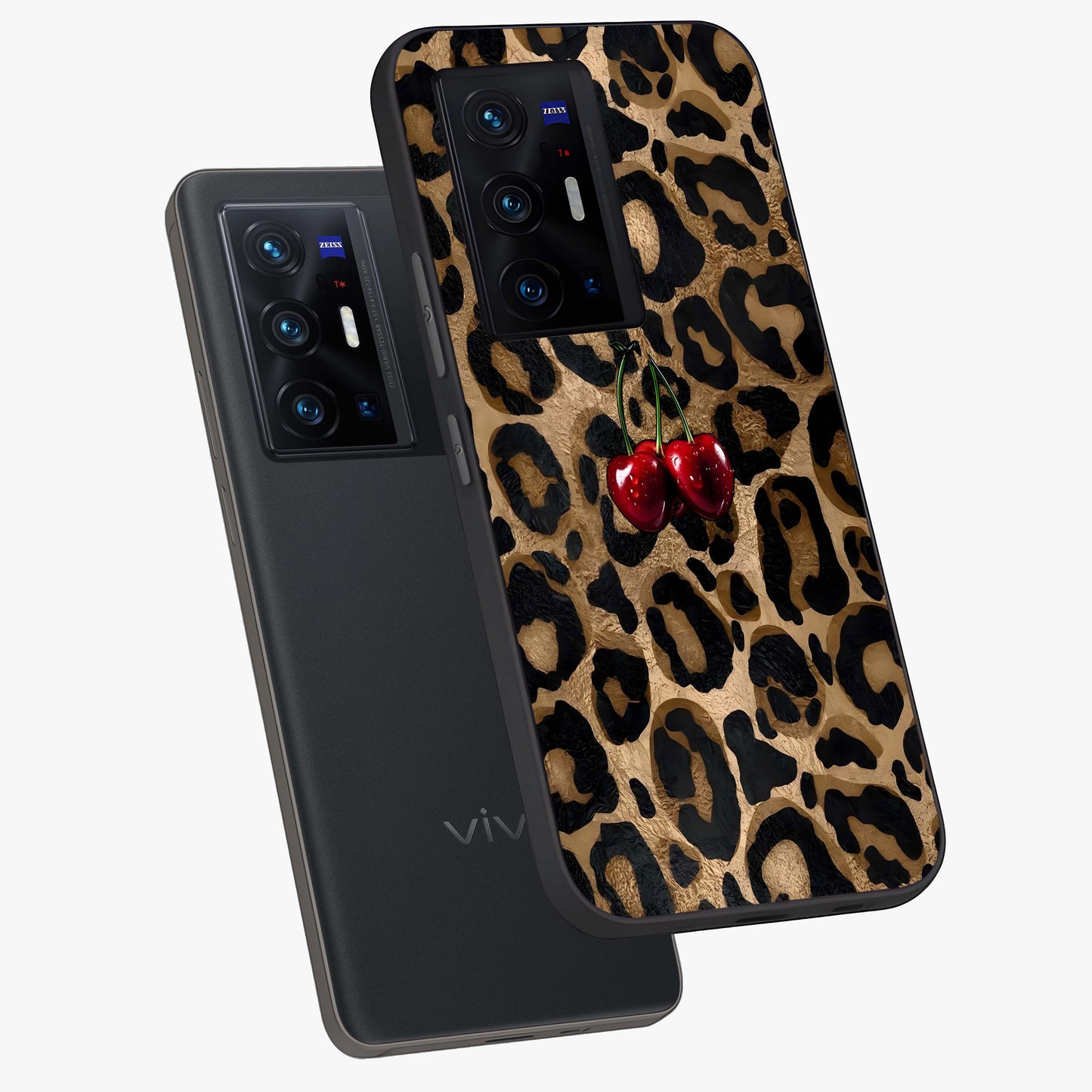 Leopard Wild Cherry Glass Case displayed in angled mockup highlighting bold animal print design with playful cherry aesthetic.