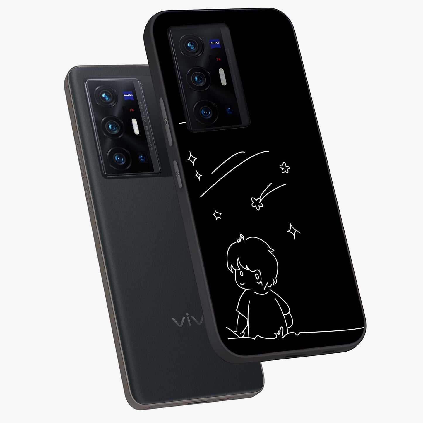 Line Art Boy With Shooting Stars Glass Case displayed in angled mockup highlighting elegant line art design with dreamy star aesthetic.