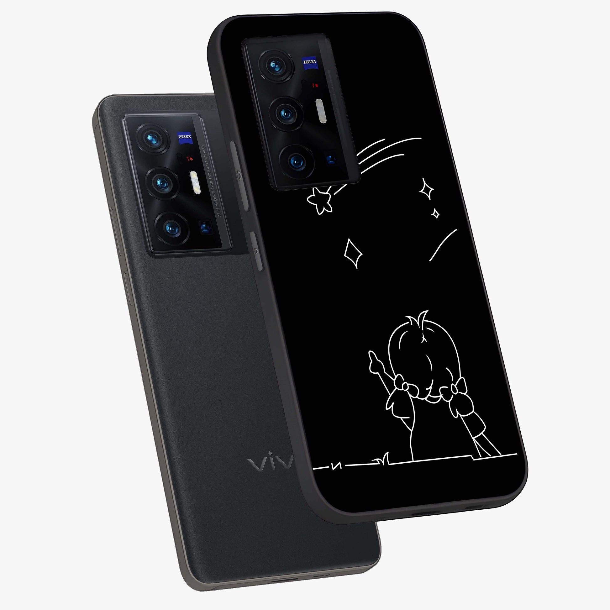 Line Art Girl With Shooting Stars Glass Case displayed in angled mockup highlighting elegant line art design with dreamy star aesthetic.