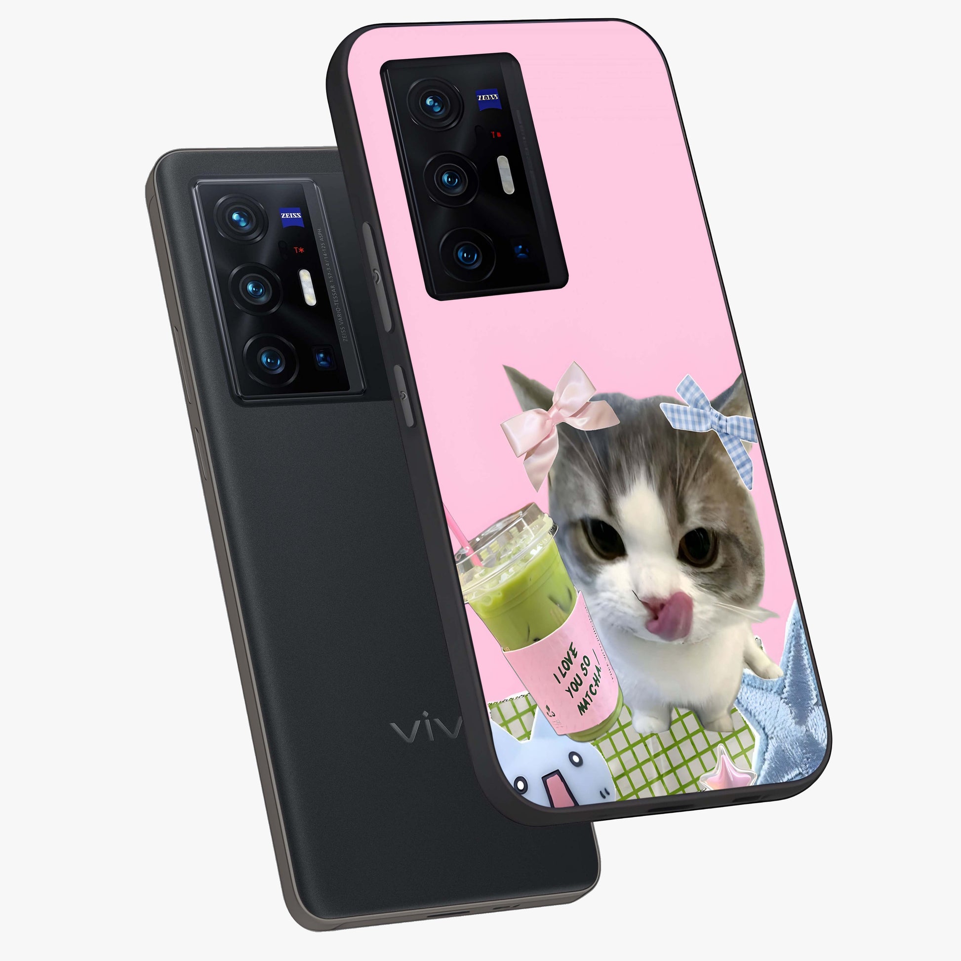 Love Matcha Cat Glass Case displayed in angled mockup highlighting playful feline illustration with cozy matcha aesthetic.