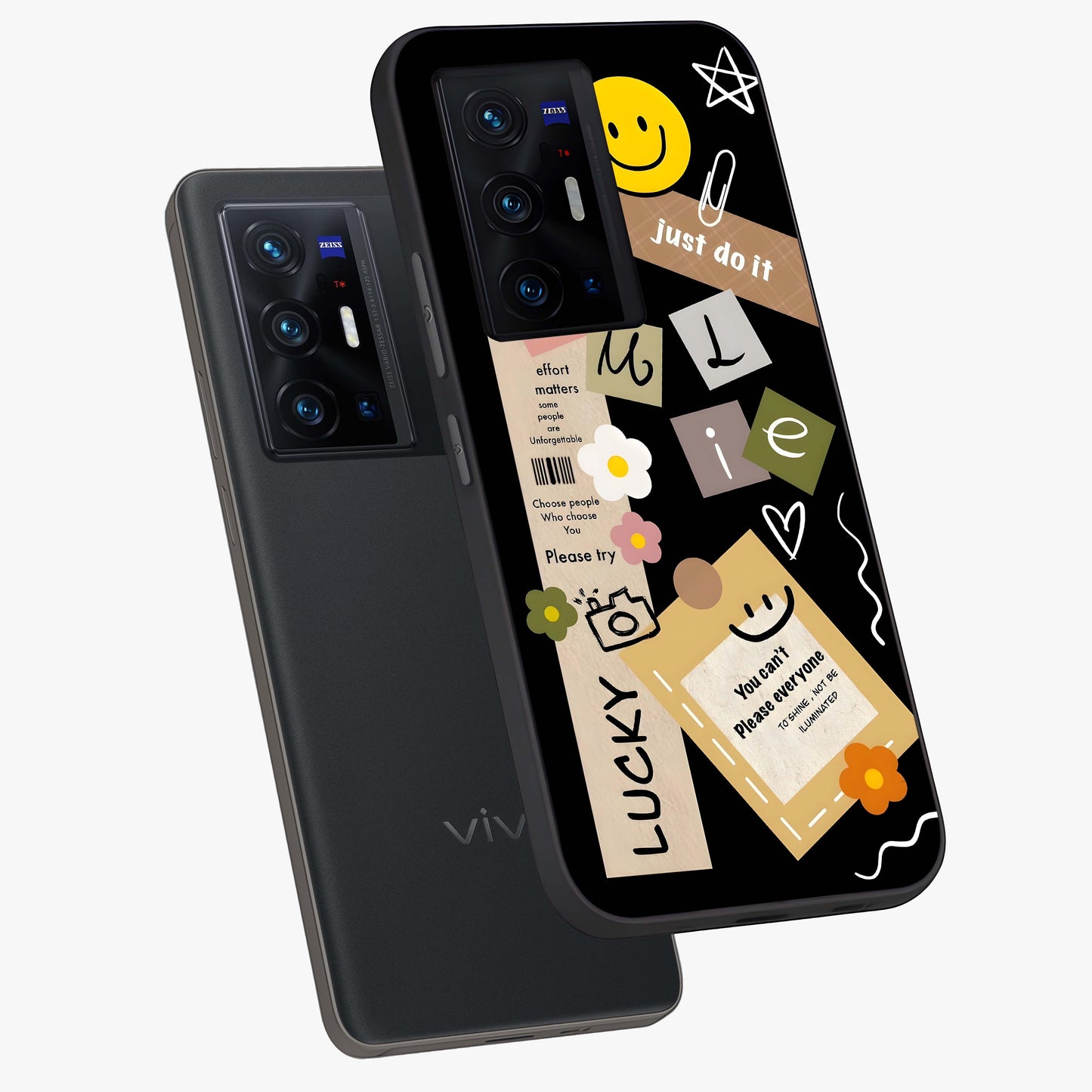 Lucky Aesthetic Collage Glass Case displayed in angled mockup highlighting stylish collage pattern with modern aesthetic vibe.