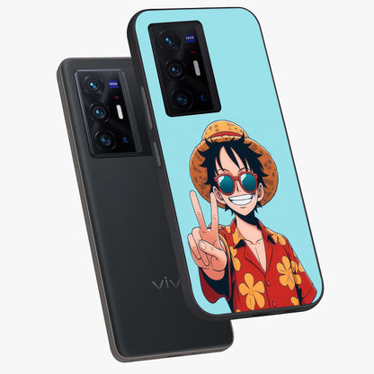 Luffy Summer Anime Vibe Glass Case displayed in angled mockup highlighting energetic anime illustration with summer vibe aesthetic.