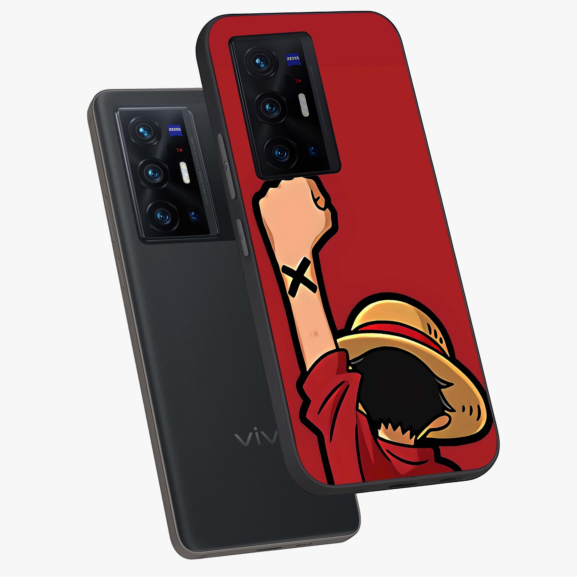 Luffy X Spirit Glass Case displayed in angled mockup highlighting powerful anime design with energetic action aesthetic.
