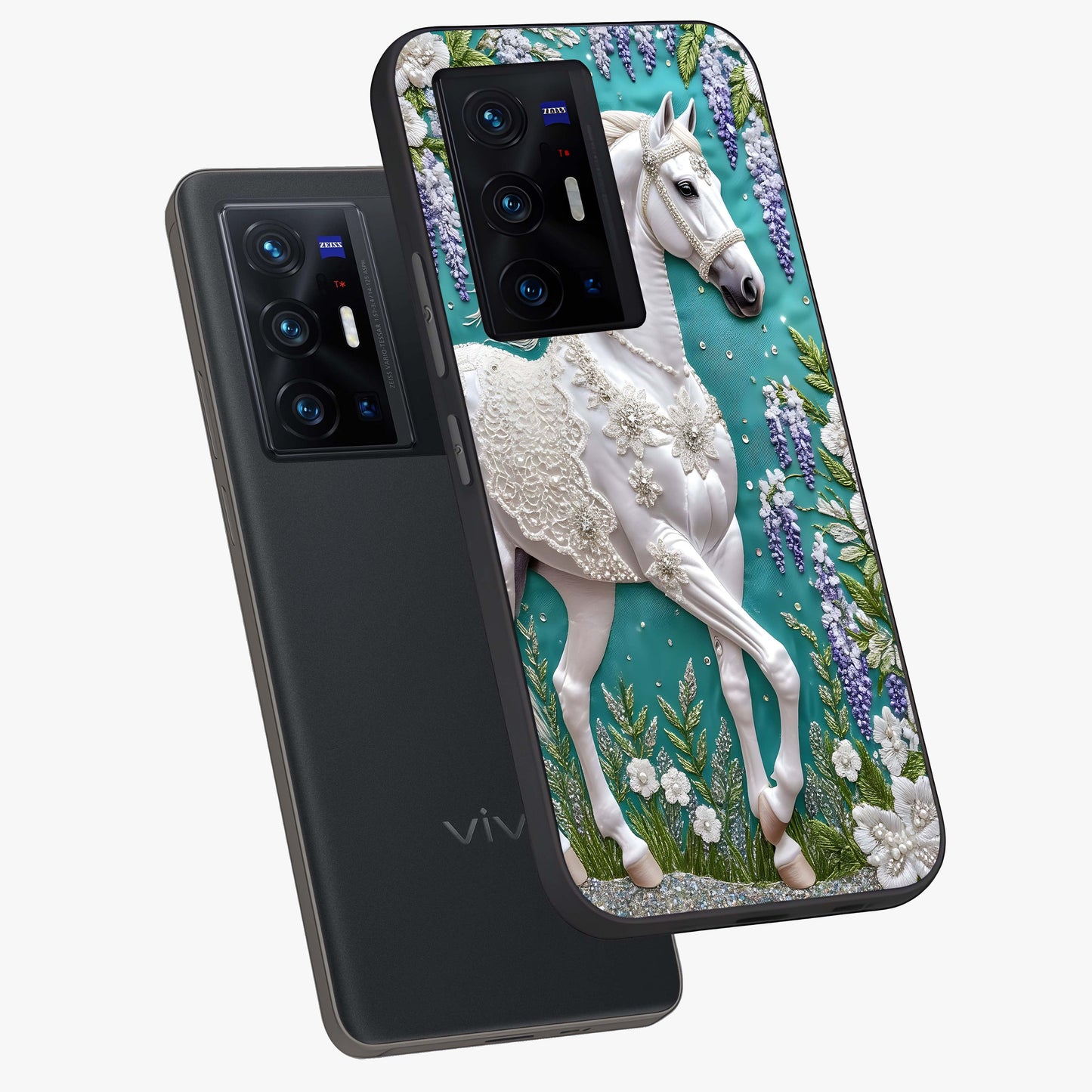 Majestic Floral Stallion Glass Case displayed in angled mockup highlighting majestic stallion illustration with elegant floral aesthetic.