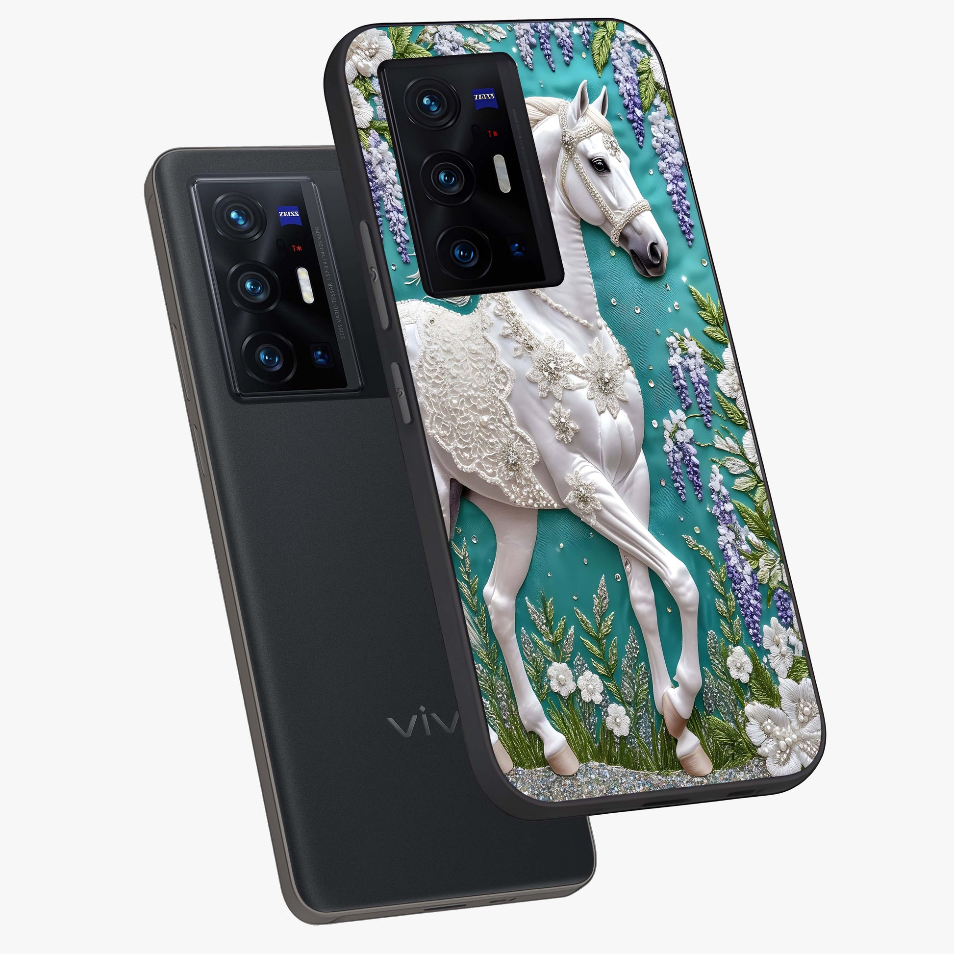 Majestic Floral Stallion Glass Case displayed in angled mockup highlighting majestic stallion illustration with elegant floral aesthetic.