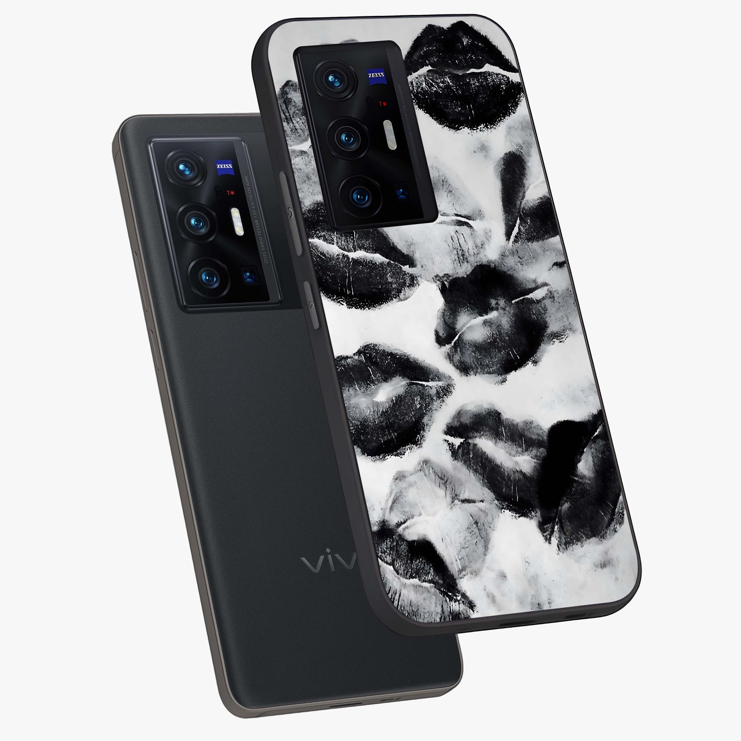 Midnight Kiss Marks Glass Case displayed in angled mockup highlighting playful romantic design with bold midnight aesthetic.