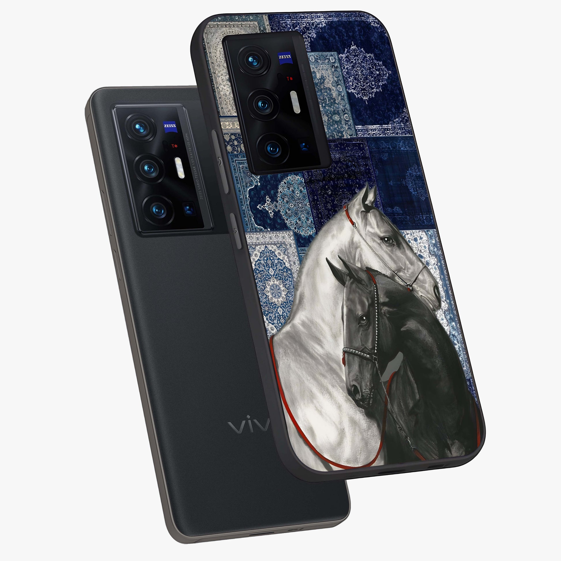 Midnight Stallion Blues Glass Case displayed in angled mockup highlighting powerful stallion illustration with deep midnight tones.