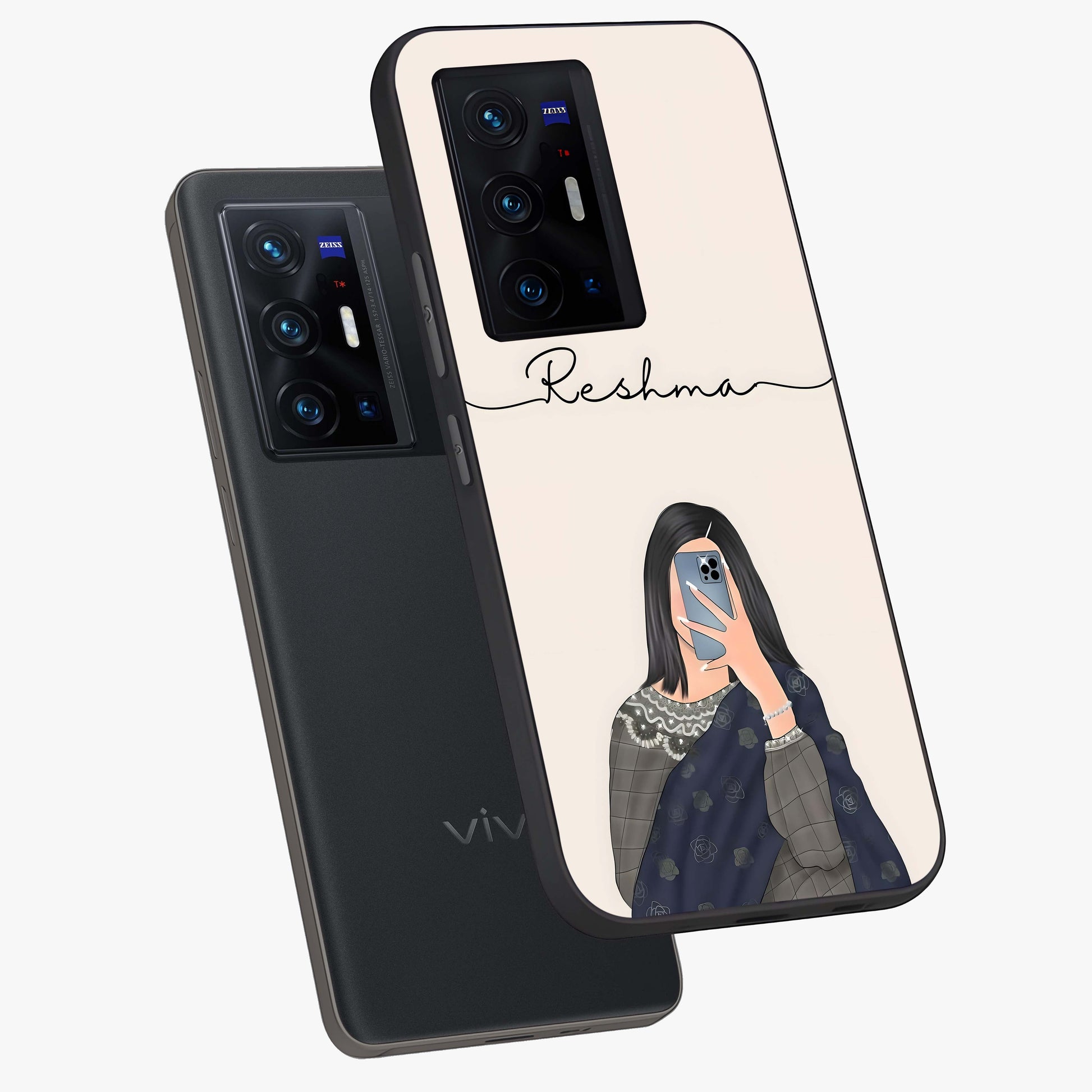 Mirror Mood Muse With Custom Name Glass Case displayed in angled mockup highlighting aesthetic mirror inspired design with custom name feature.
