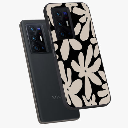 Monochrome Petal Dance Glass Case displayed in angled mockup highlighting elegant petal design with black and white aesthetic.