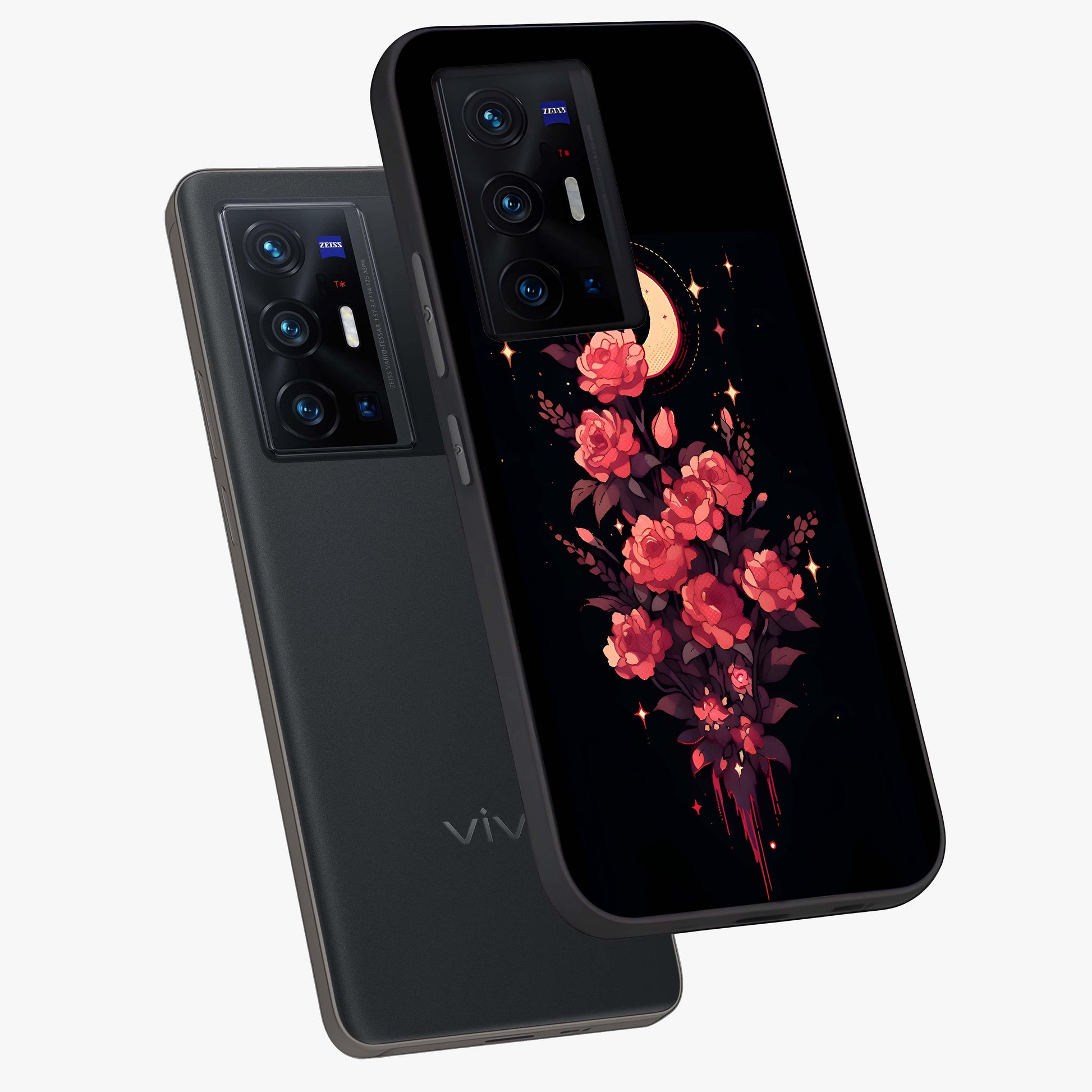 Moonlit Floral Elegance Glass Case displayed in angled mockup highlighting graceful flower design with soft moonlight aesthetic.