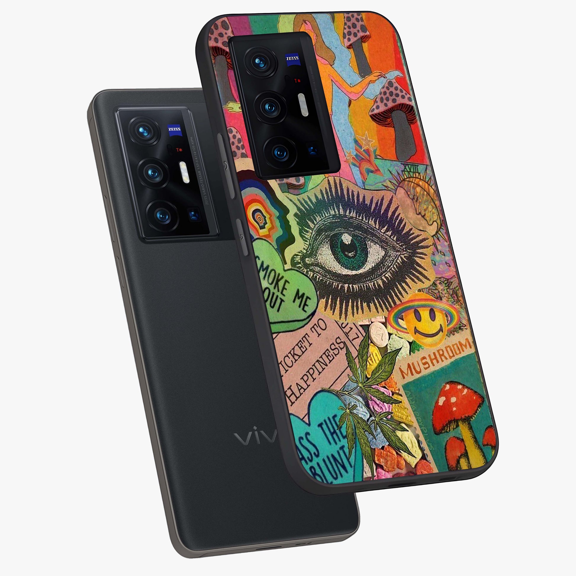 Mystic Eye Wonderland Glass Case displayed in angled mockup highlighting magical eye illustration with dreamy aesthetic.