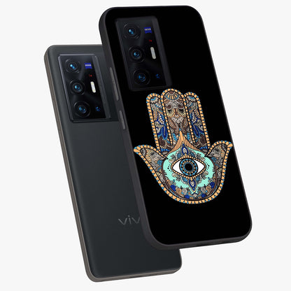 Mystic Hamsa Eye Glass Case displayed in angled mockup highlighting spiritual hamsa symbol with mystical aesthetic style.