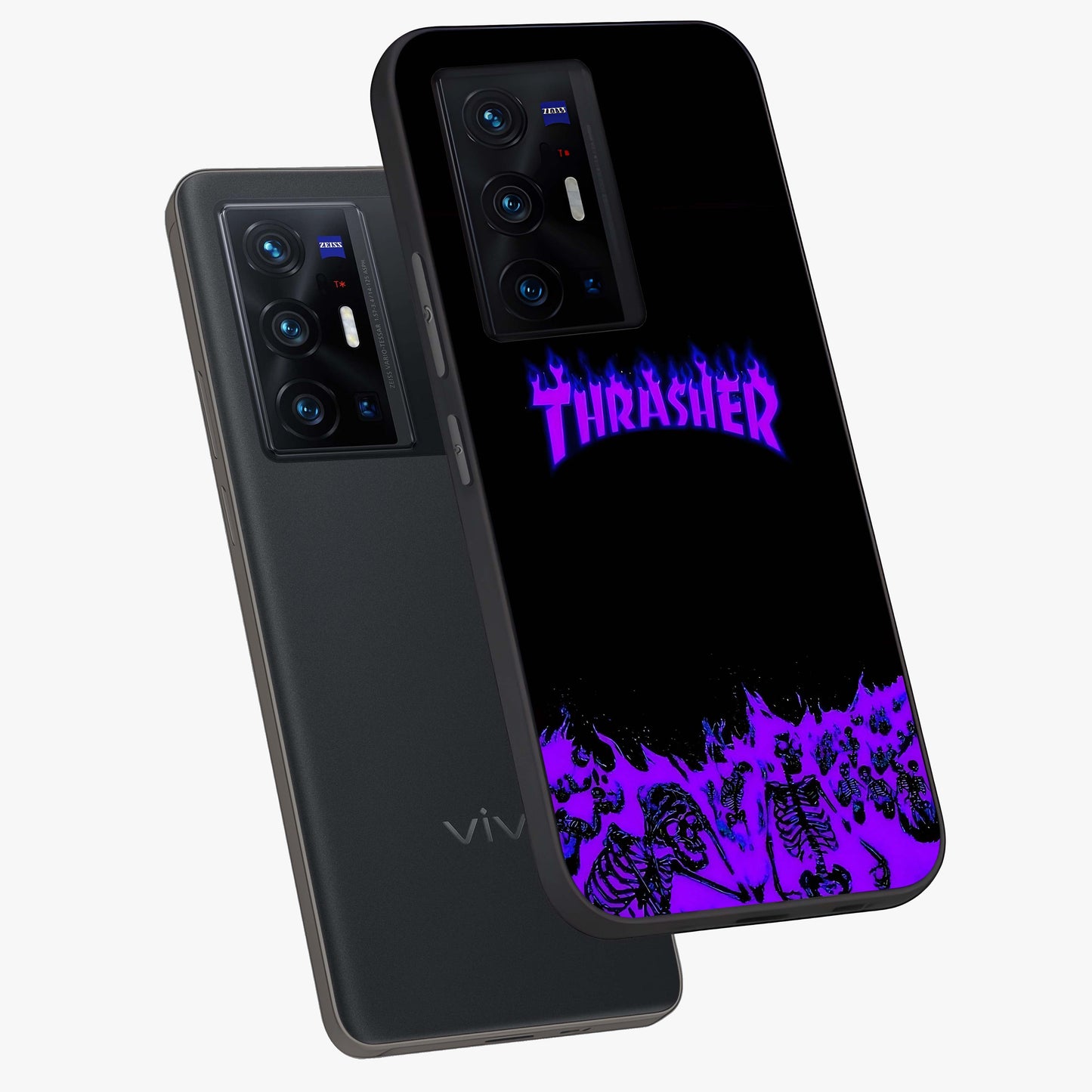 Neon Flame Riot Glass Case displayed in angled mockup highlighting glowing flame design with vibrant neon aesthetic.