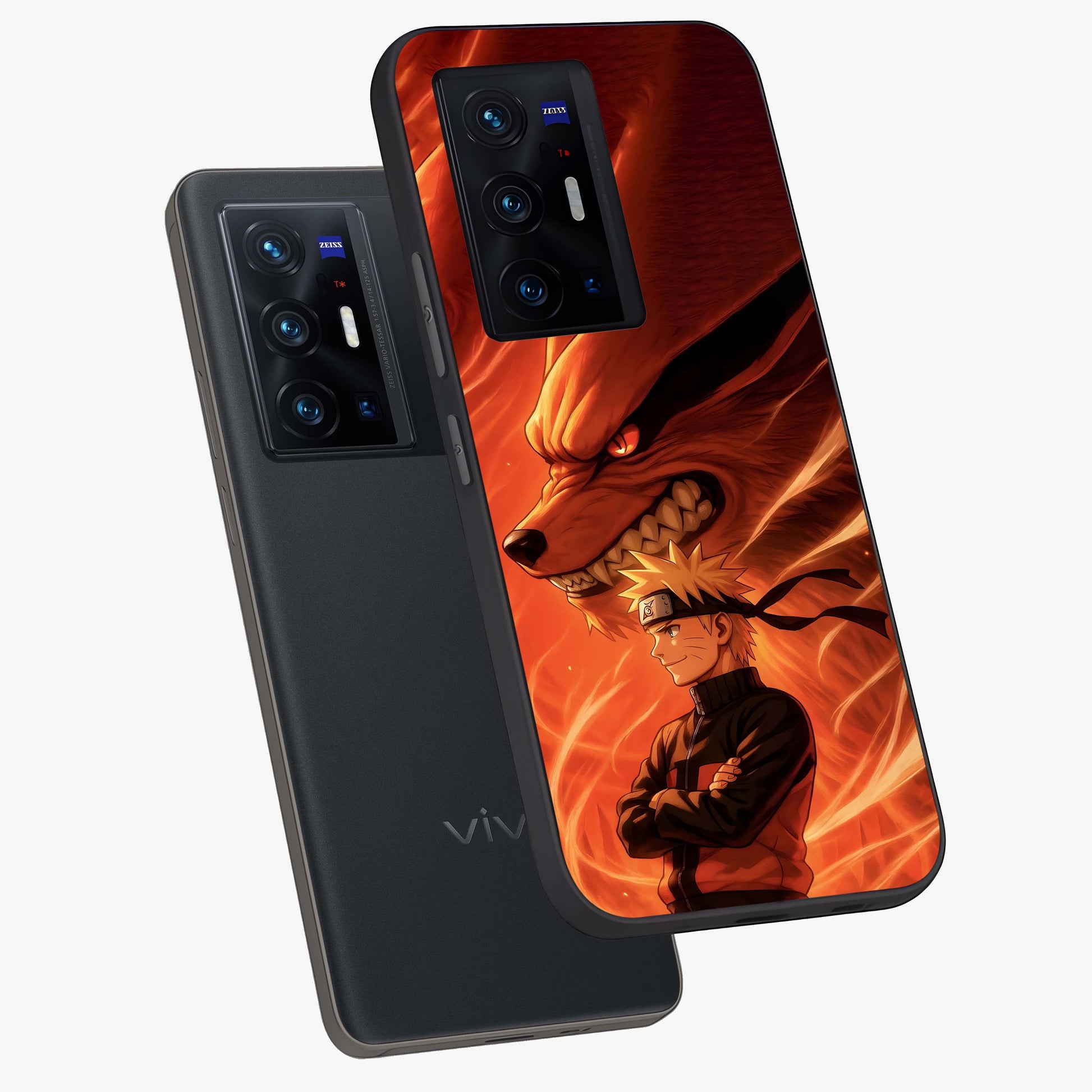 Nine Tails Legacy Glass Case displayed in angled mockup highlighting dynamic anime beast illustration with bold mystical aesthetic.