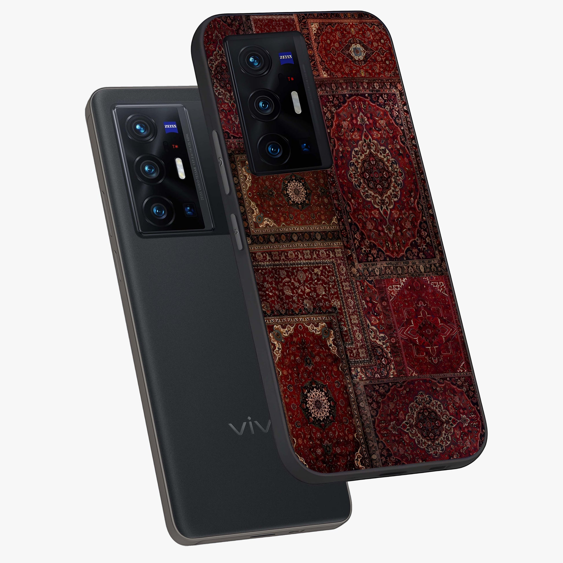 Persian Velvet Tale Glass Case displayed in angled mockup highlighting ornate textile inspired design with royal aesthetic.