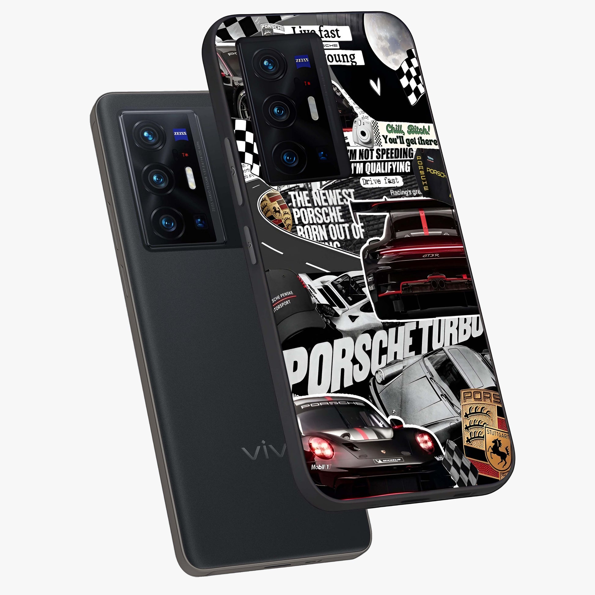 Porsche Racing Collage Glass Case displayed in angled mockup highlighting dynamic automotive design with bold racing aesthetic.
