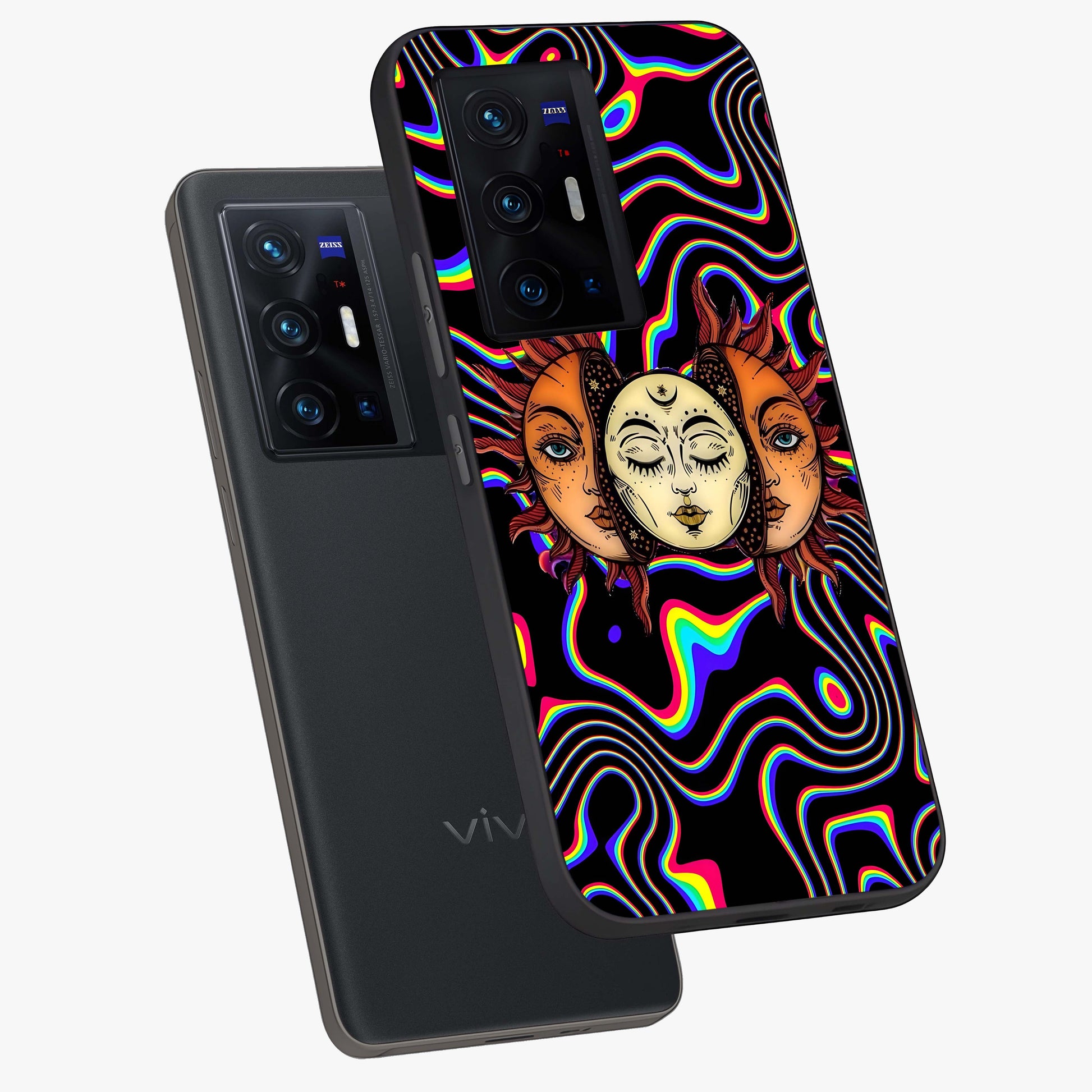 Psychedelic Sun Glass Case displayed in angled mockup highlighting vibrant abstract sun design with artistic aesthetic style.