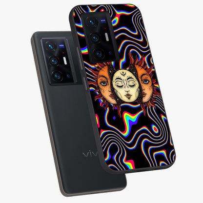 Psychedelic Sun Glass Case displayed in angled mockup highlighting vibrant abstract sun design with artistic aesthetic style.