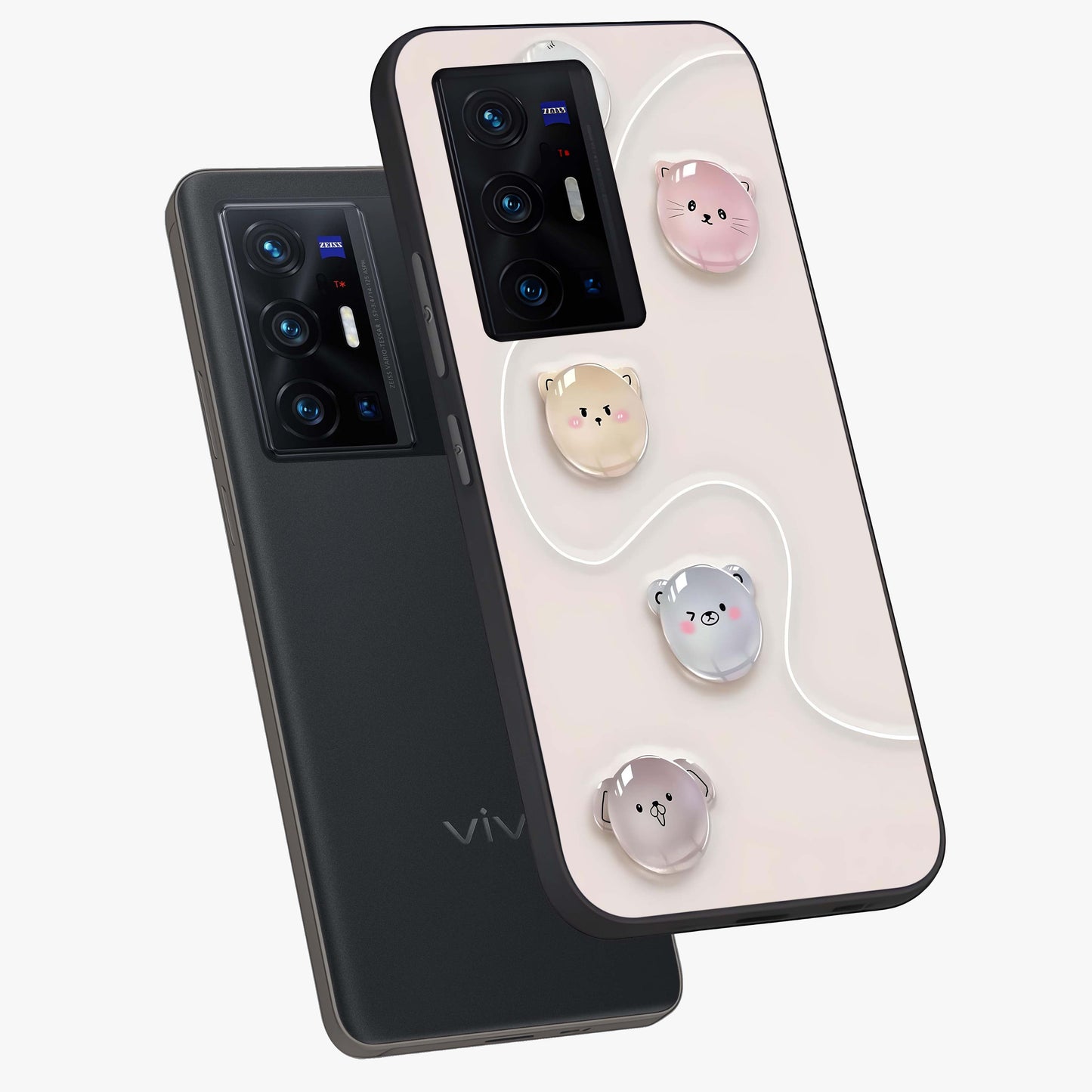 Puffy Face Parade Glass Case displayed in angled mockup highlighting playful cartoon face design with fun aesthetic.