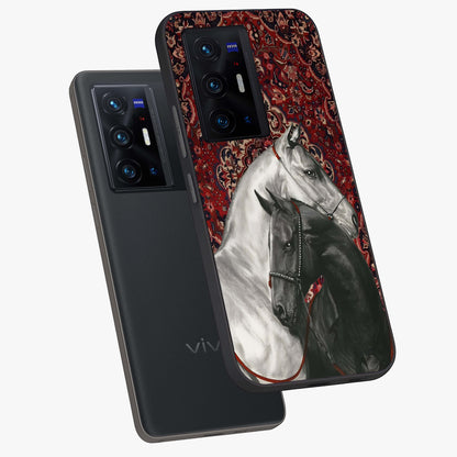 Regal Stallion Tapestry Glass Case displayed in angled mockup highlighting royal stallion design with decorative heritage aesthetic.