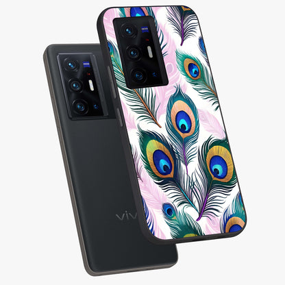 Royal Peacock Feathers Glass Case displayed in angled mockup highlighting vibrant feather pattern with regal aesthetic style.