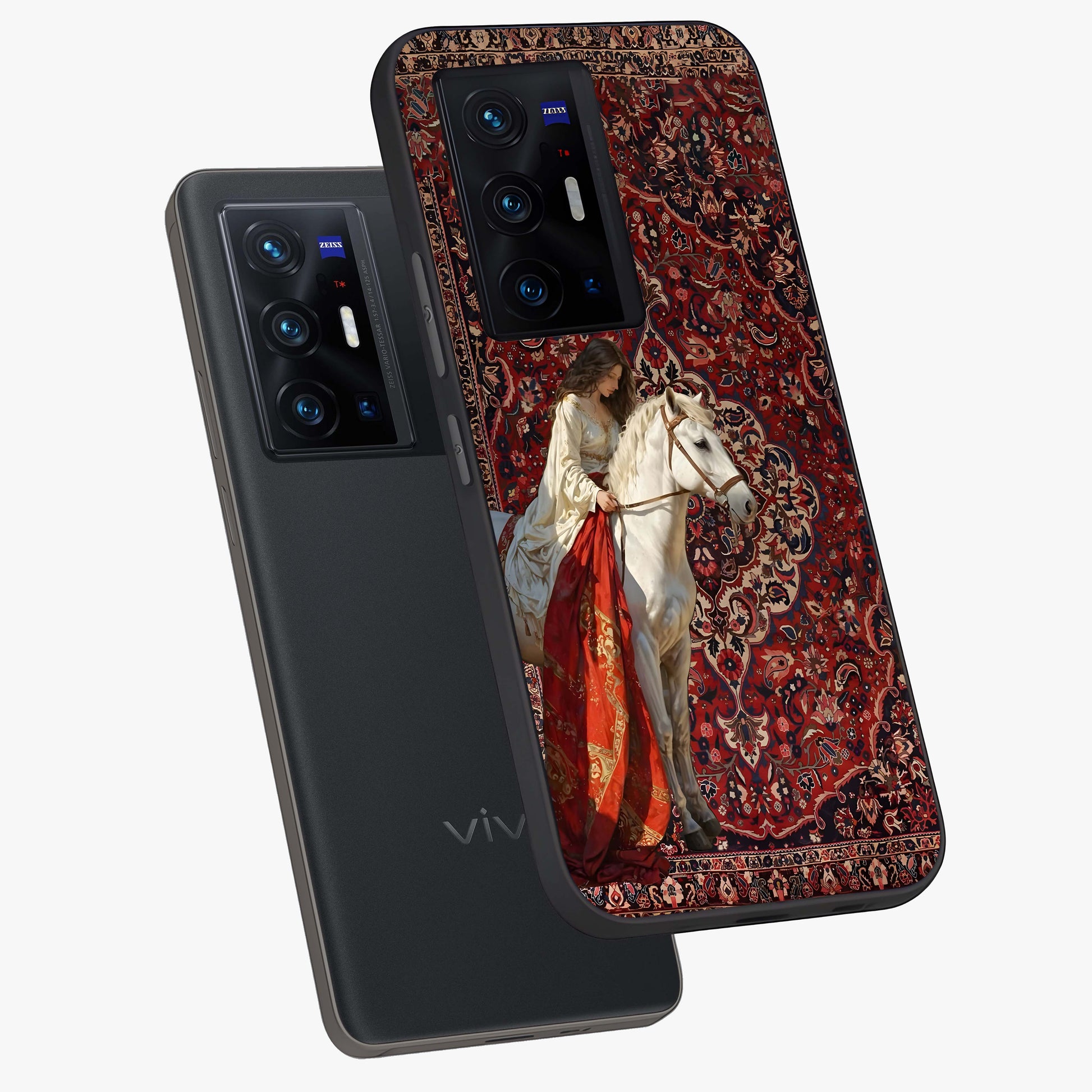 Royal Rider Tapestry Glass Case displayed in angled mockup highlighting traditional tapestry design with royal heritage aesthetic.