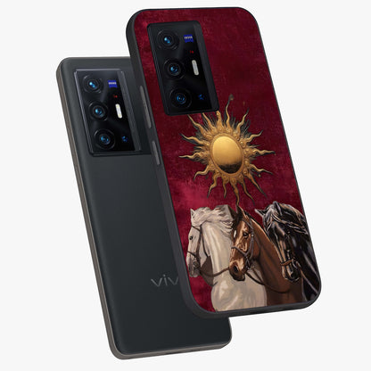 Solar Riders Glass Case displayed in angled mockup highlighting powerful rider illustration with radiant solar aesthetic.