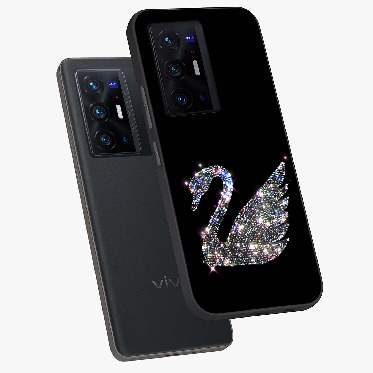 Starlit Swan Grace Glass Case displayed in angled mockup highlighting elegant swan illustration with dreamy celestial aesthetic.