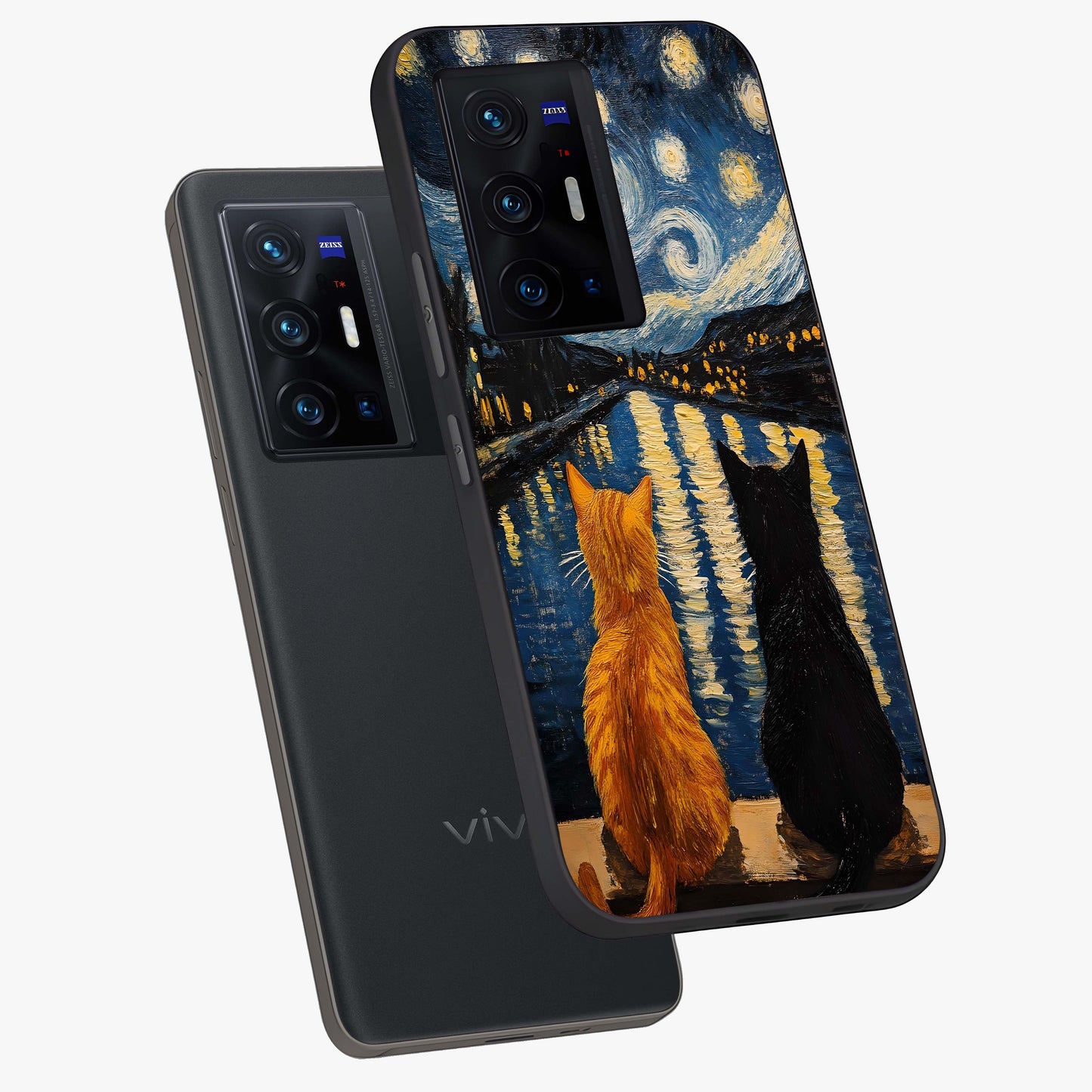Starry River Cats Glass Case displayed in angled mockup highlighting charming feline illustration with dreamy night aesthetic.