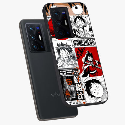 Strawhat Chaos Panels Glass Case displayed in angled mockup highlighting vibrant anime collage design with action aesthetic.