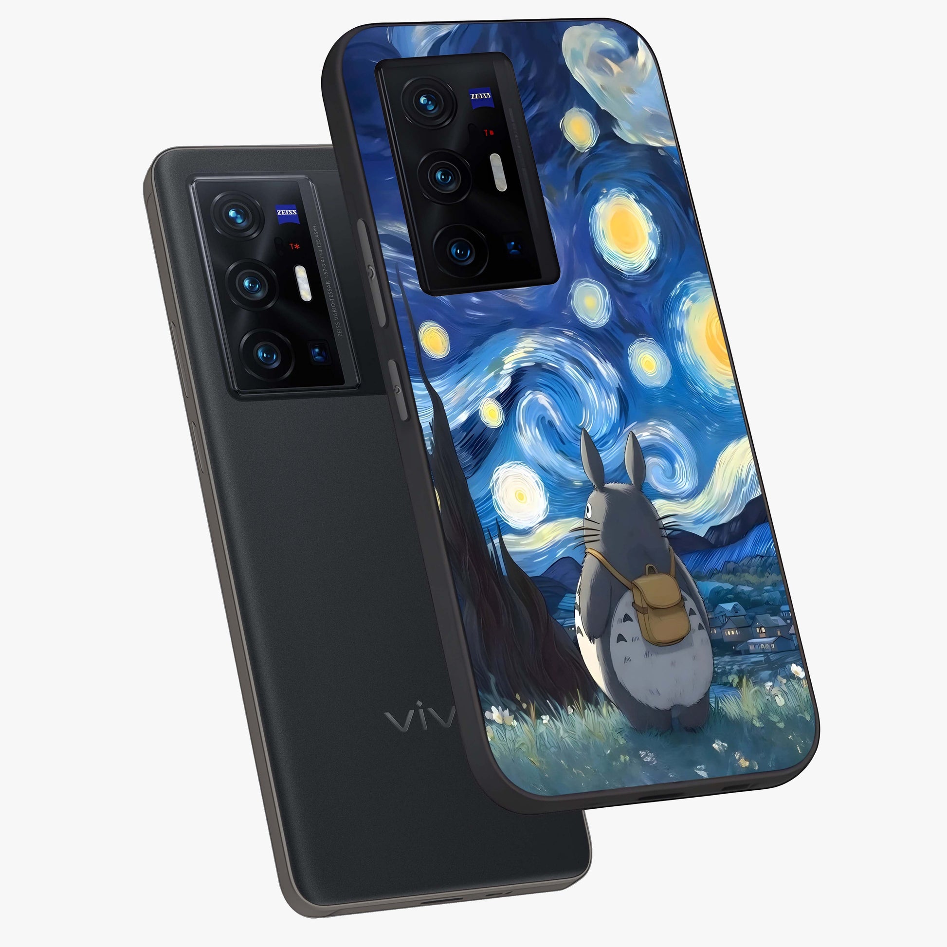 Totoro In Van Gogh Art Glass Case displayed in angled mockup highlighting artistic swirling sky design with playful animation aesthetic.