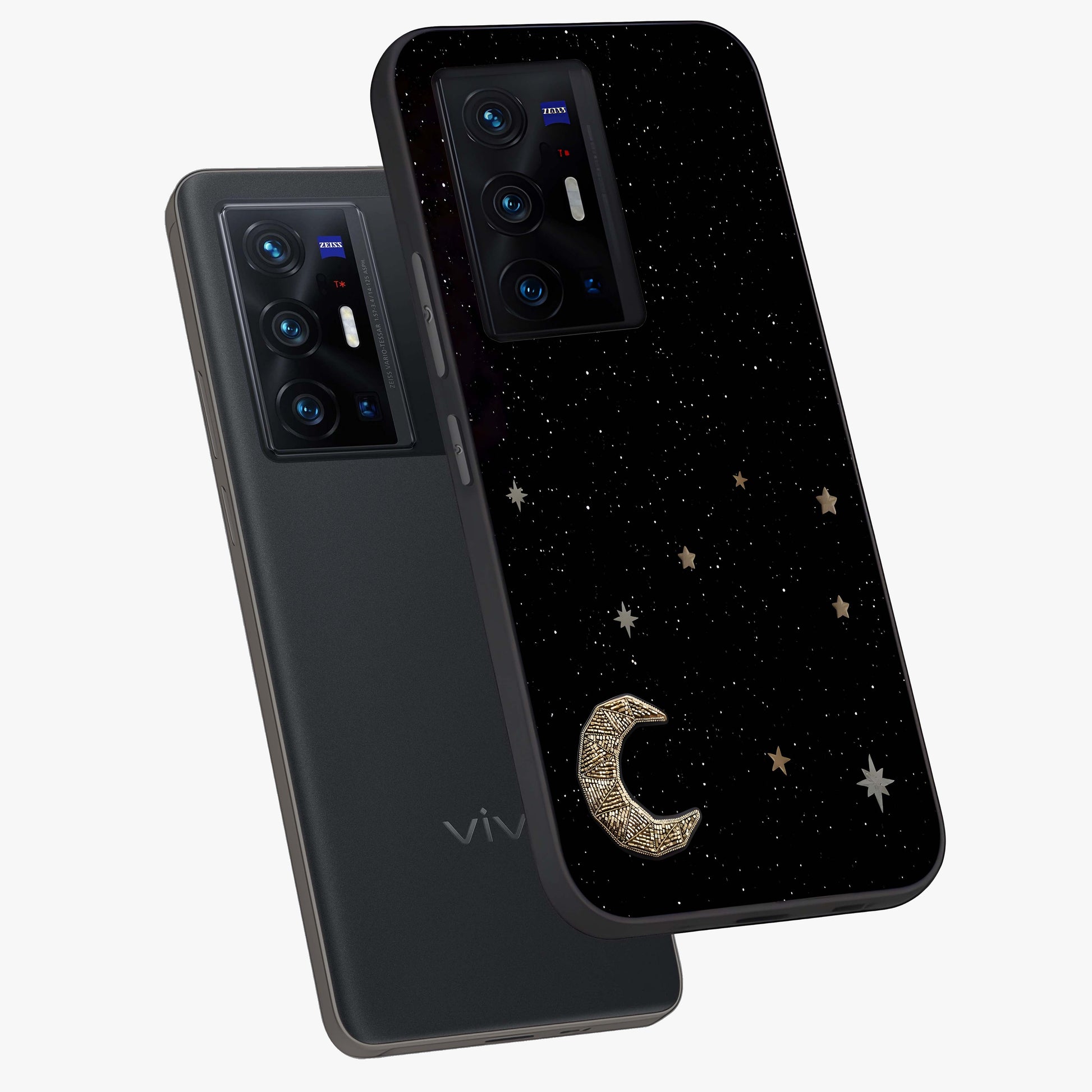 Twinkle Star With Half Moon Glass Case displayed in angled mockup highlighting celestial moon and star design with magical aesthetic.