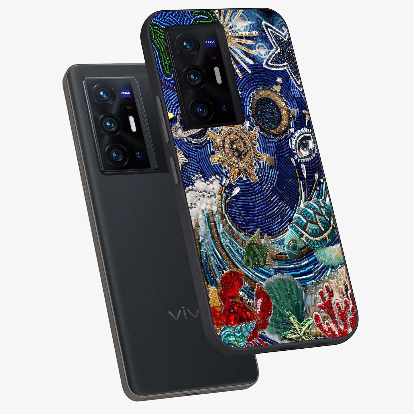 Universe Underwater Spark Glass Case displayed in angled mockup highlighting glowing aquatic design with celestial aesthetic.