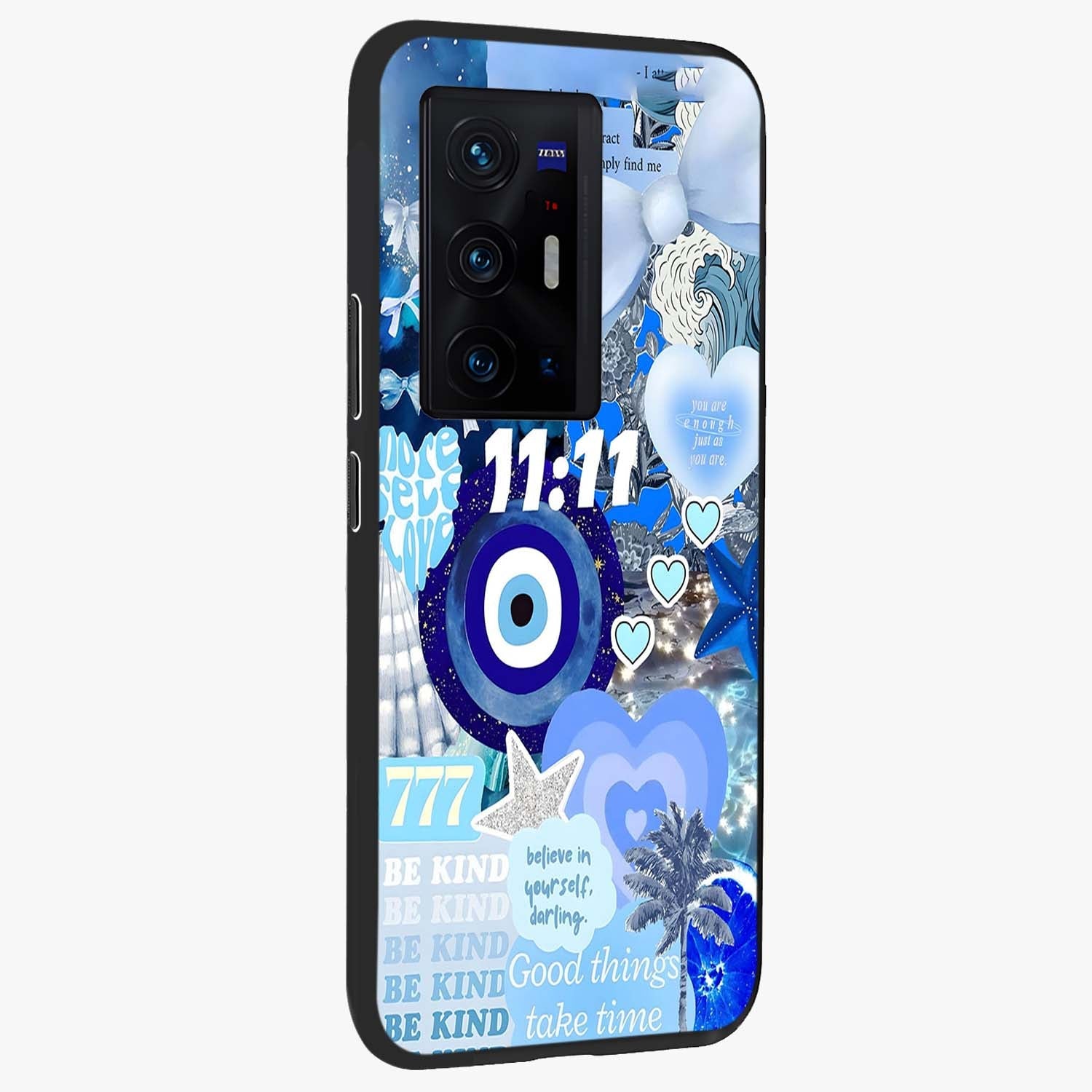 Aesthetic Be Kind Eye Glass Case upright view showcasing stylish eye illustration with positive message theme.